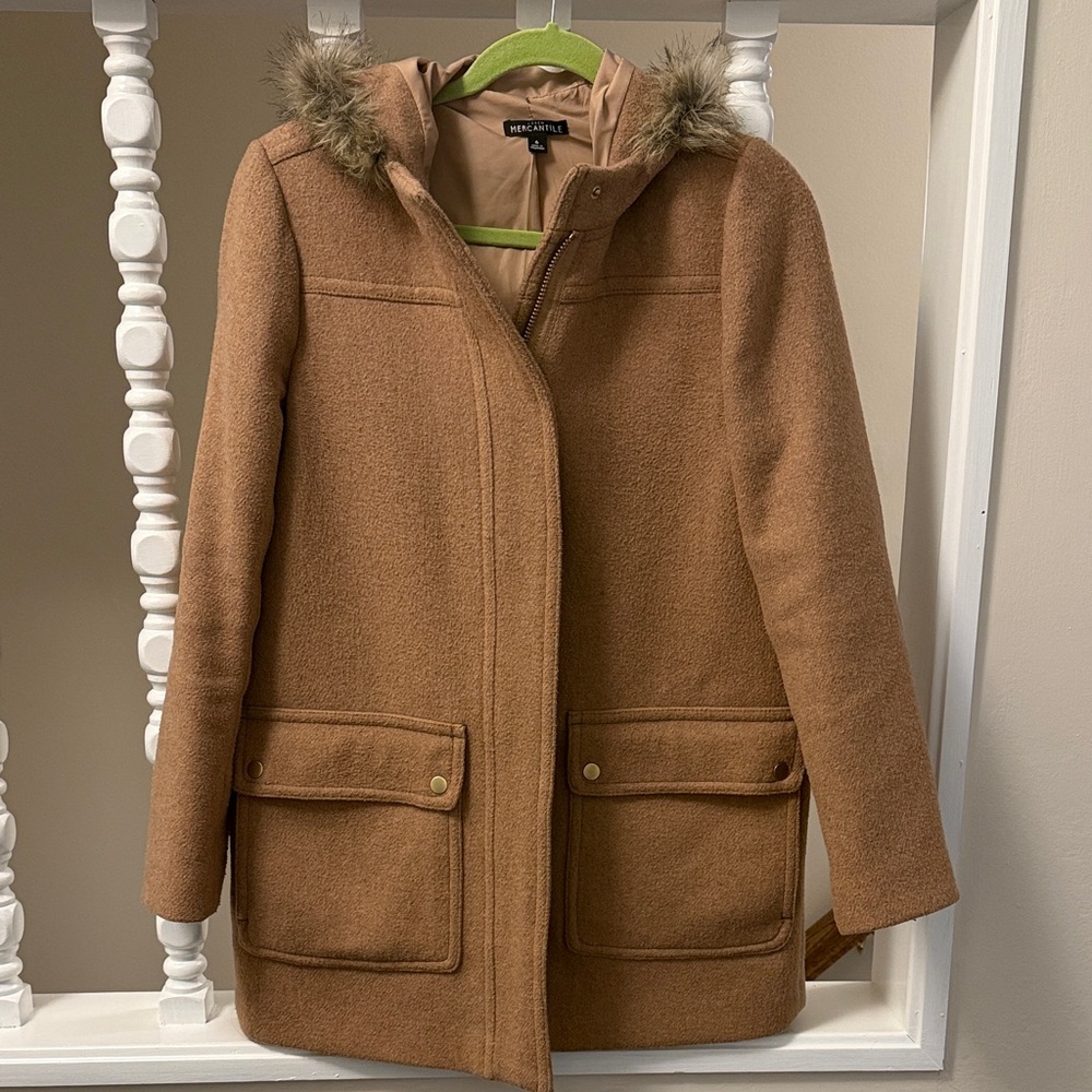 J. Crew Factory Brown Utility Jacket with Faux Fur Hood